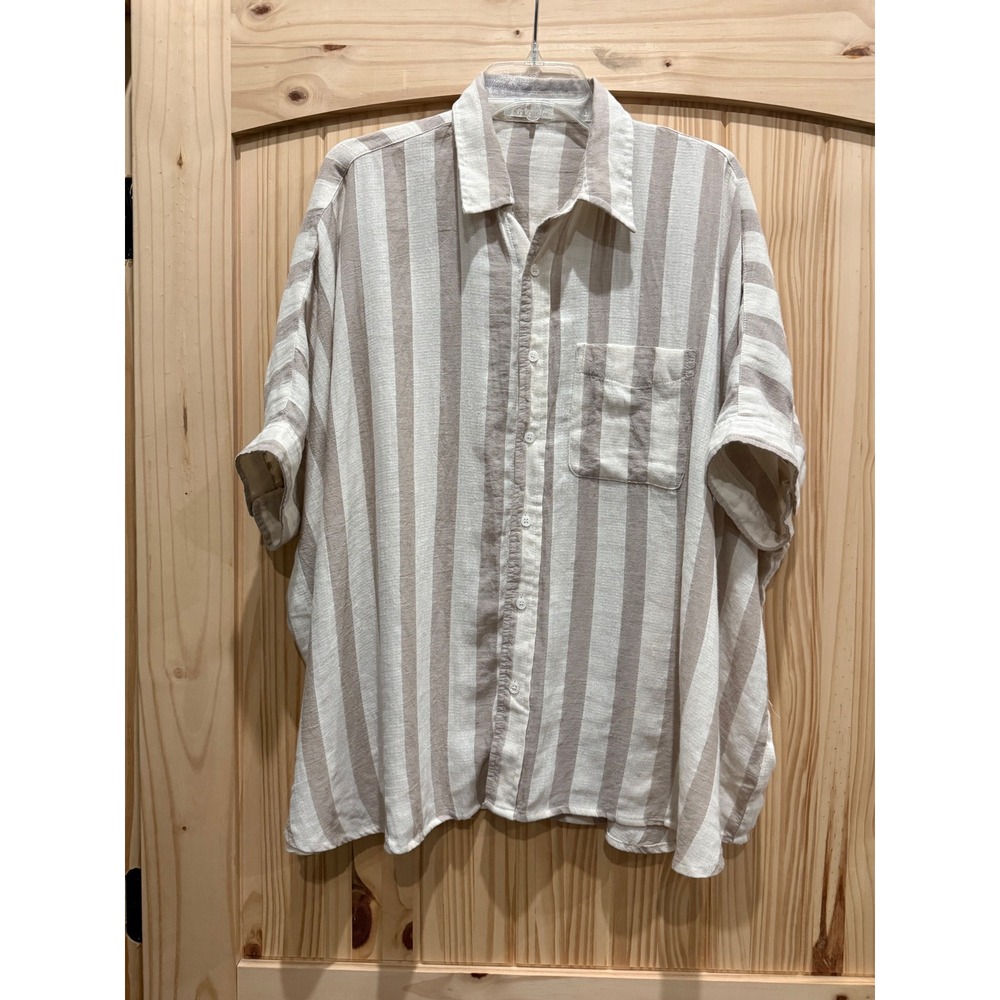 Womens Beige Brown Striped 100% Cotton Short Sleeve Button Down Shirt FT65427